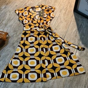 Wrap Around Dress Tricolor mustard/white/brown